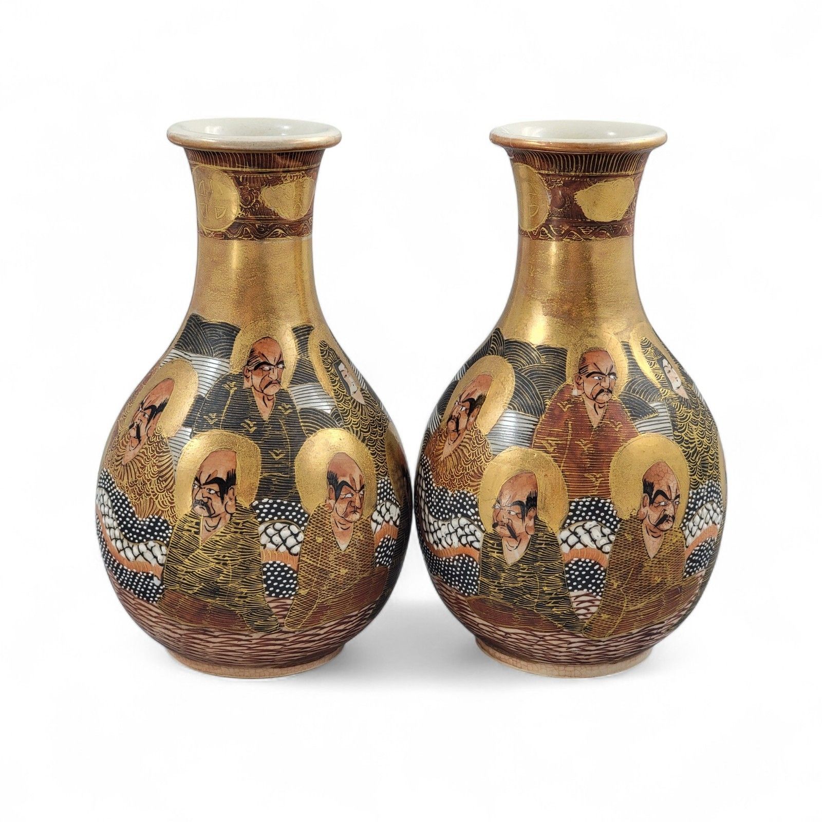Antique Japanese Satsuma Gilt Vases Pair, Kyoto Arhats Design, C. 1890–1910 photo 400.0
