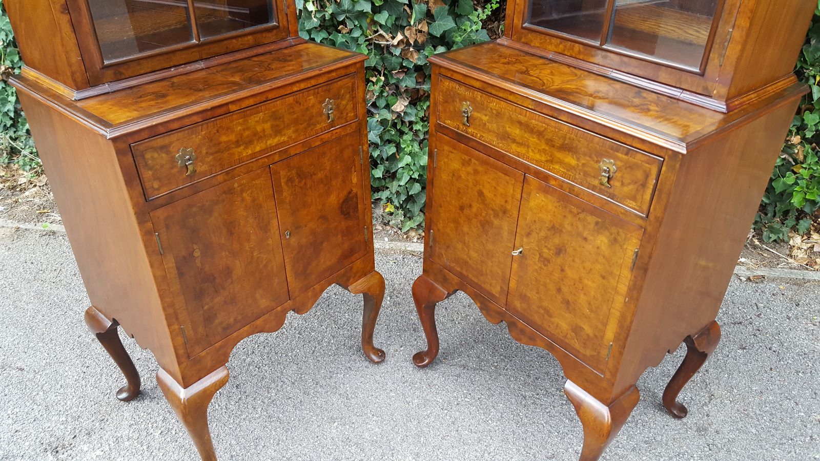 Pair Queen Anne Walnut Bookcase Display Cabinets On Base photo furniture
