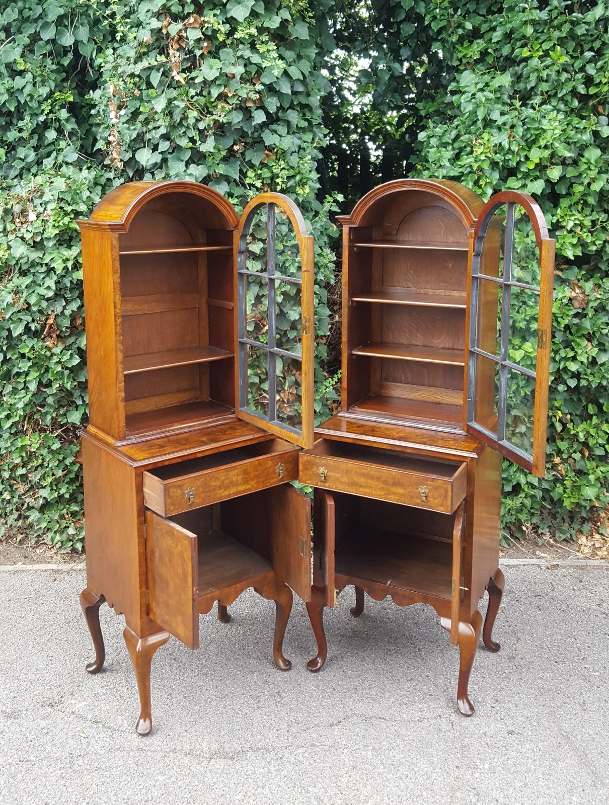 Pair Queen Anne Walnut Bookcase Display Cabinets On Base photo Furniture