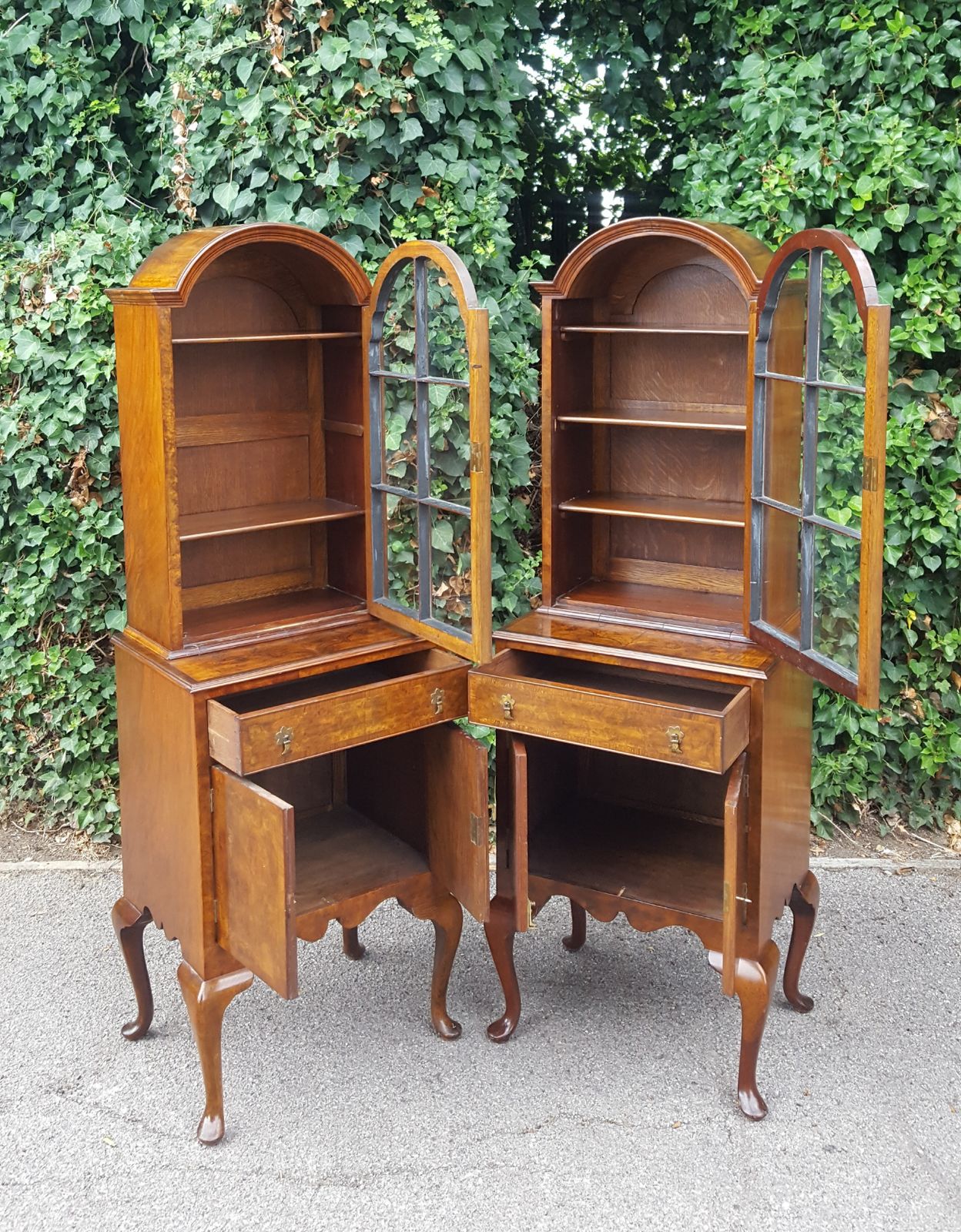 Pair Queen Anne Walnut Bookcase Display Cabinets On Base photo buy