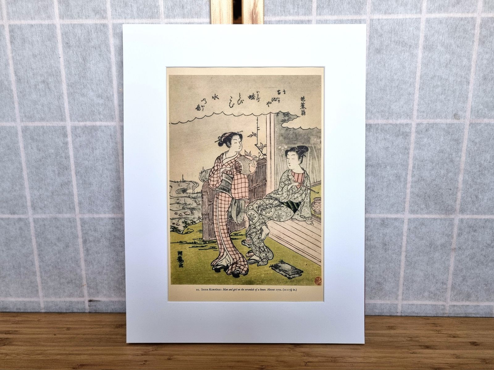 photo furniture Japanese Print, Isoda Koryusai Basho Scene, 1950s Color Mounted Art, Edo Period Woodblock Style