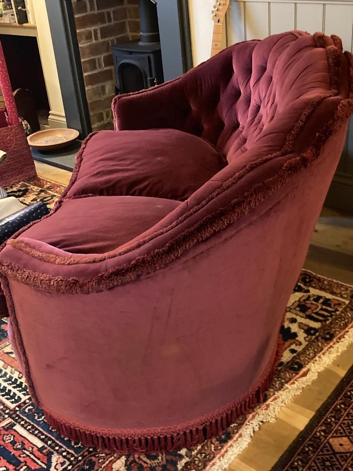 Pair Of Ruby Red Antique Wood Framed Tub Sofas photo for sale
