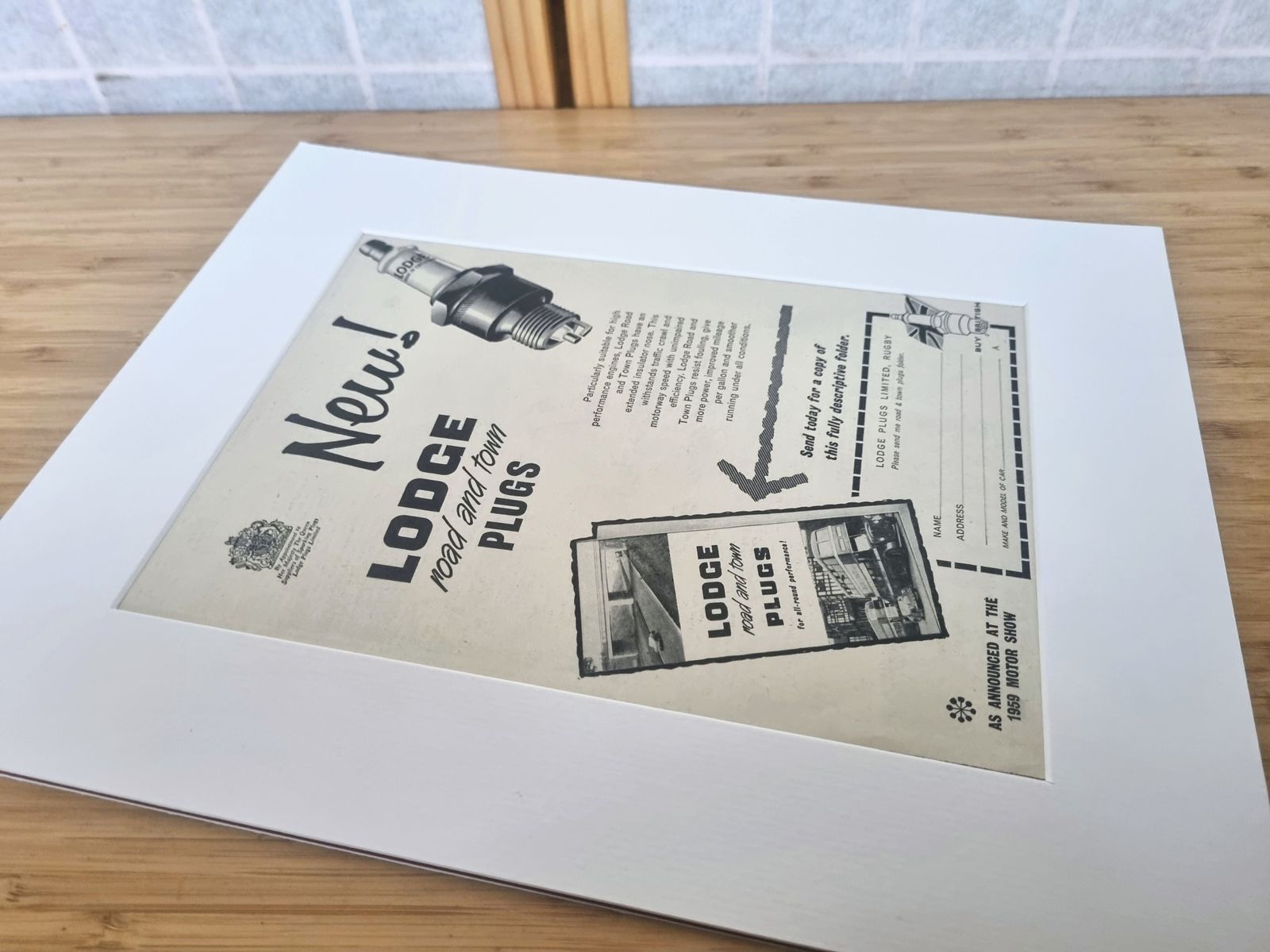 Vintage Motor Advert Print, Lodge Road Town Plugs, 1950s British Spark Plug Advertisement, Classic Car Wall Art, Mounted photo vintage