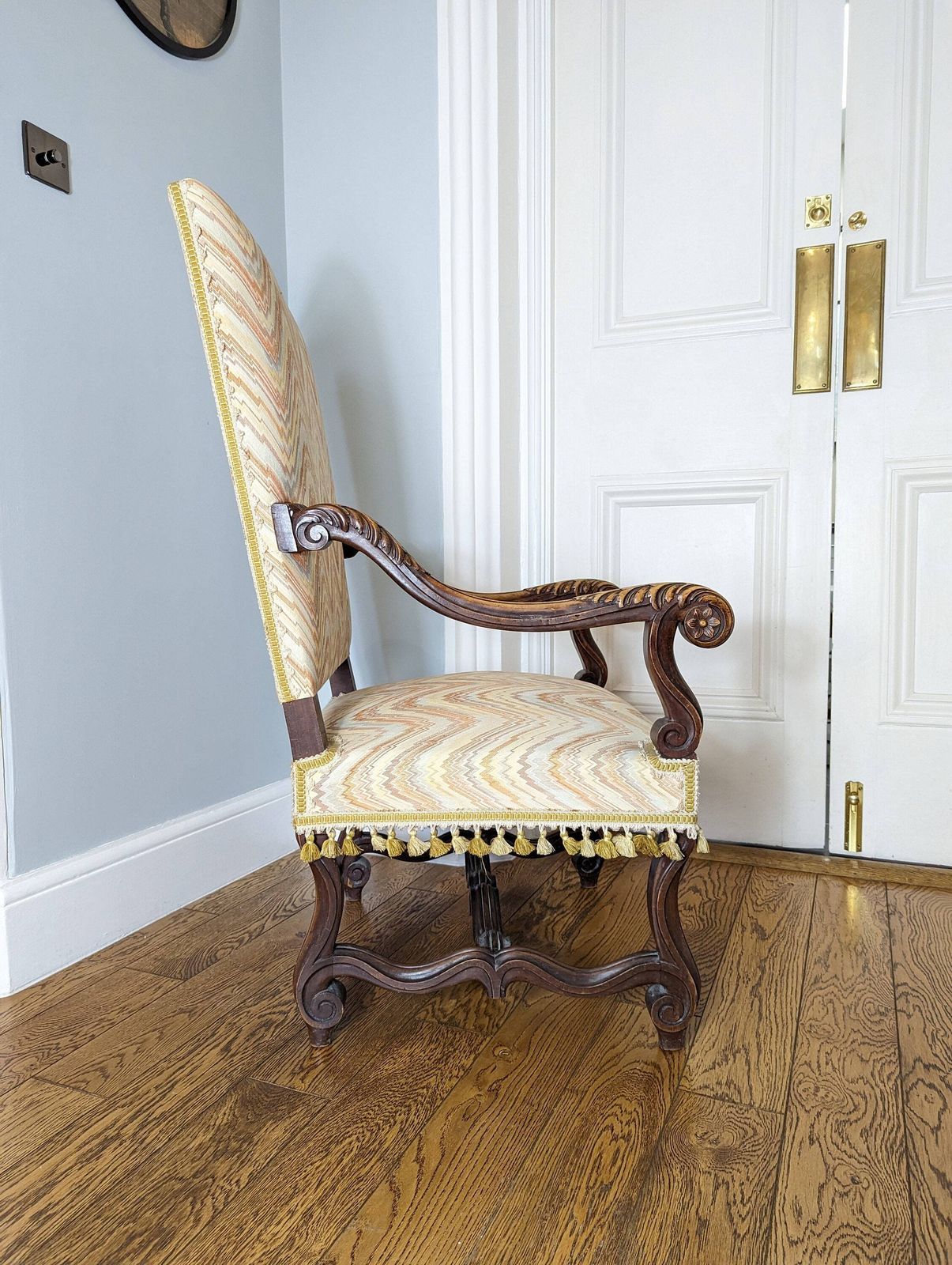 photo for sale A Charming French Antique Carved Walnut Framed Armchair In Louis XIV Style C1860