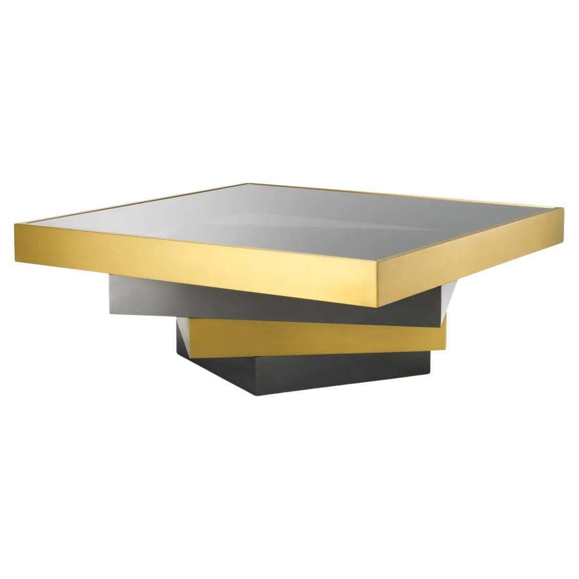 Coffee Table In Brushed Brass, Bronze Finish, And Smoked Glass