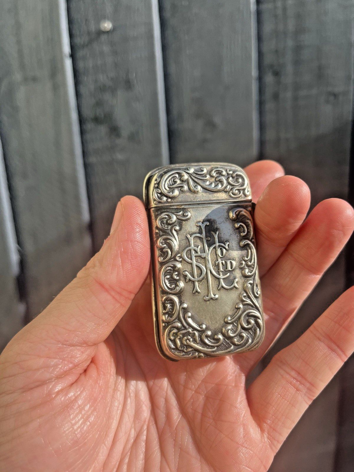photo for sale Antique Art Nouveau White Metal The State Fire Office Sf Vesta Case Match Holder