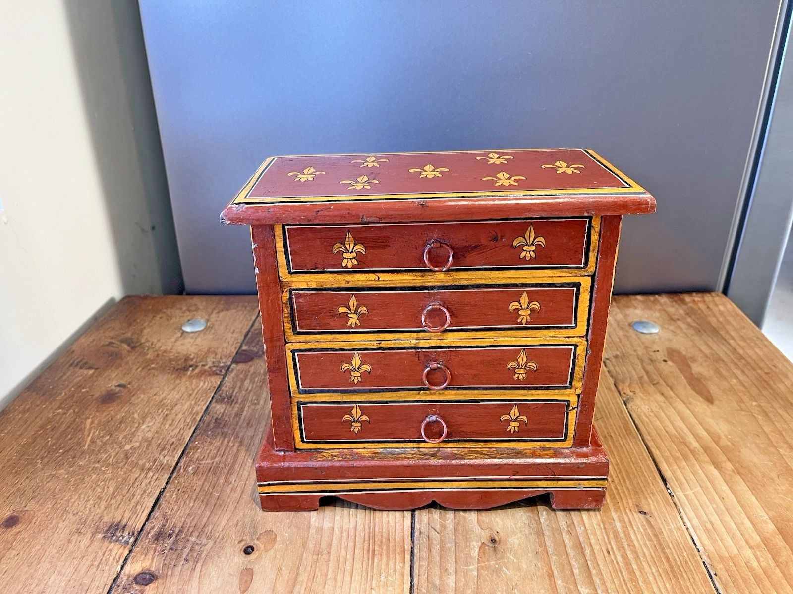 photo vintage Vintage Miniature Wooden Chest Of Drawers Apprentice Piece French Toleware Style