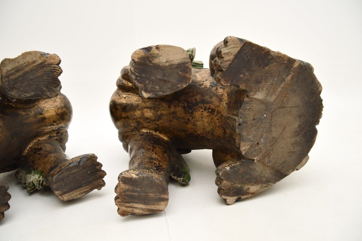 Pair Of Antique Chinese Carved Wood Foo Dog Statues photo furniture