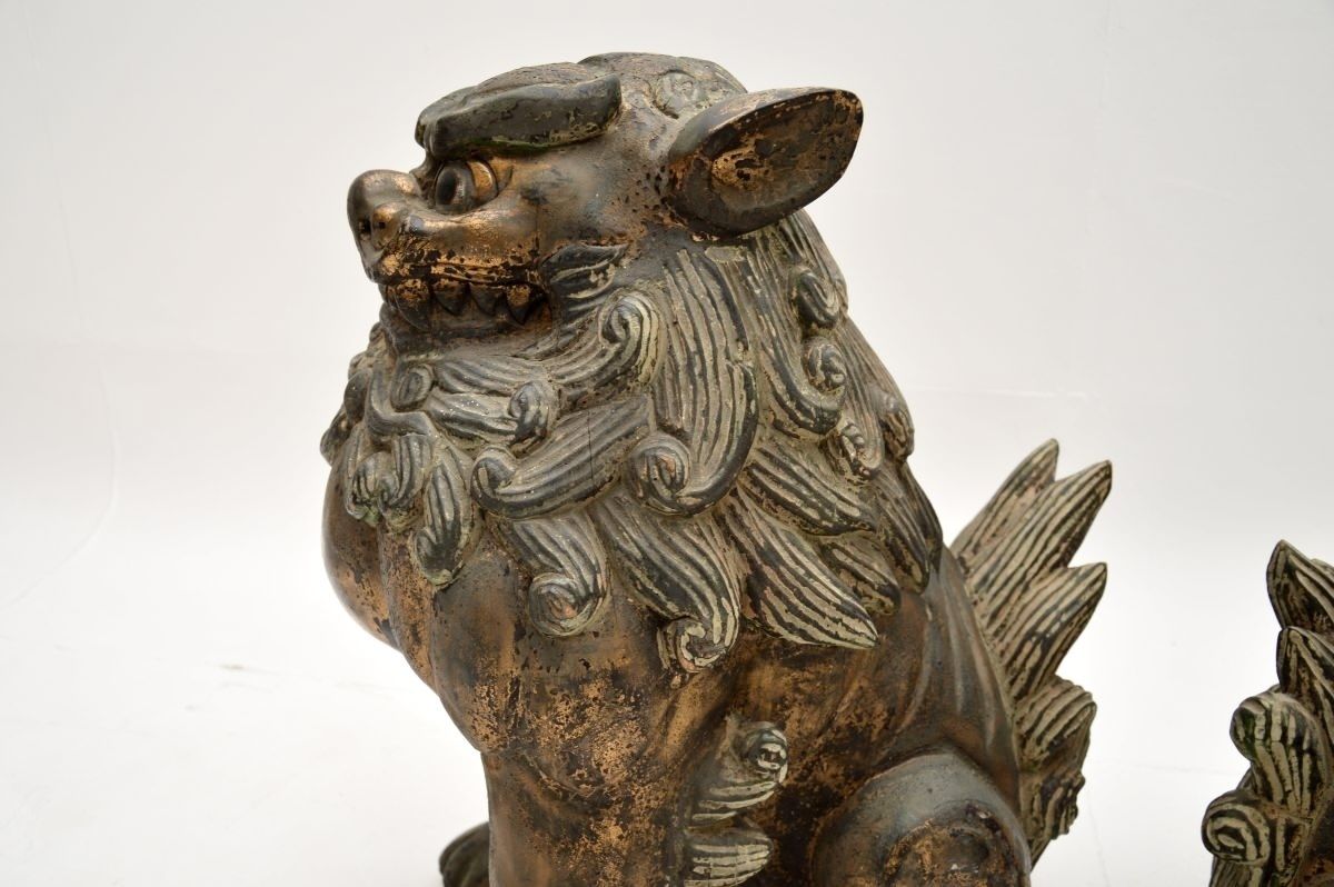 photo buy Pair Of Antique Chinese Carved Wood Foo Dog Statues