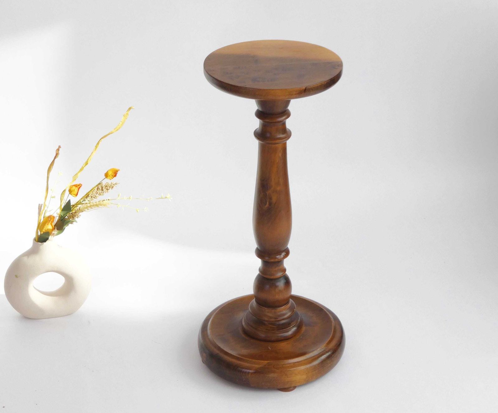 Small Oak French Pedestal, Wood Carved Plant Stand, Farmhouse Decor Side Table