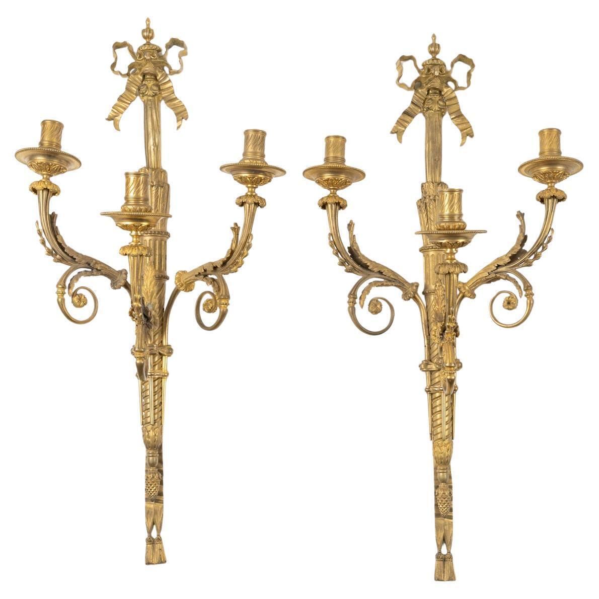 Impressive Pair Of Louis XVI Style Gilt Bronze Wall Sconces, 19th Century.