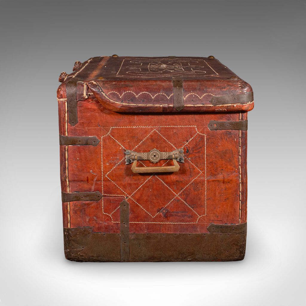 Antique Casablanca Travel Trunk, African, Leather, Portmanteau Case, Edwardian photo Furniture