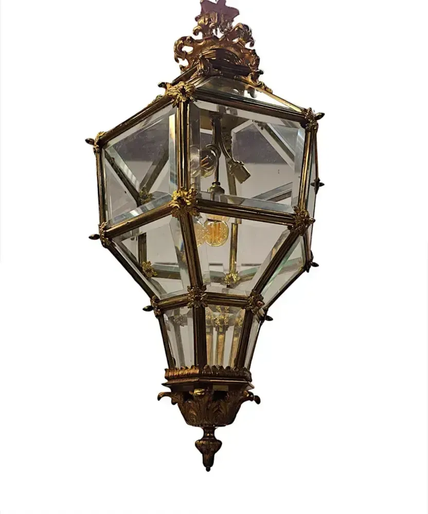 A Very Rare Early 20th Century Gilded Bronze Hall Lantern With Bevelled Glass photo for sale