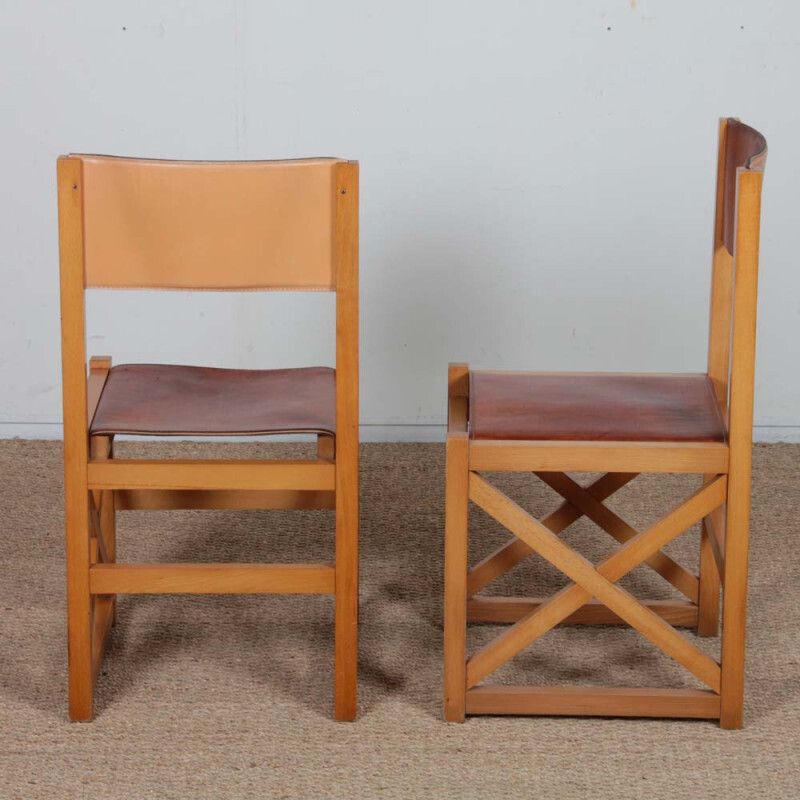 Set Of 4 Vintage Solid Wood And Leather Chairs, 1980 photo vinterior