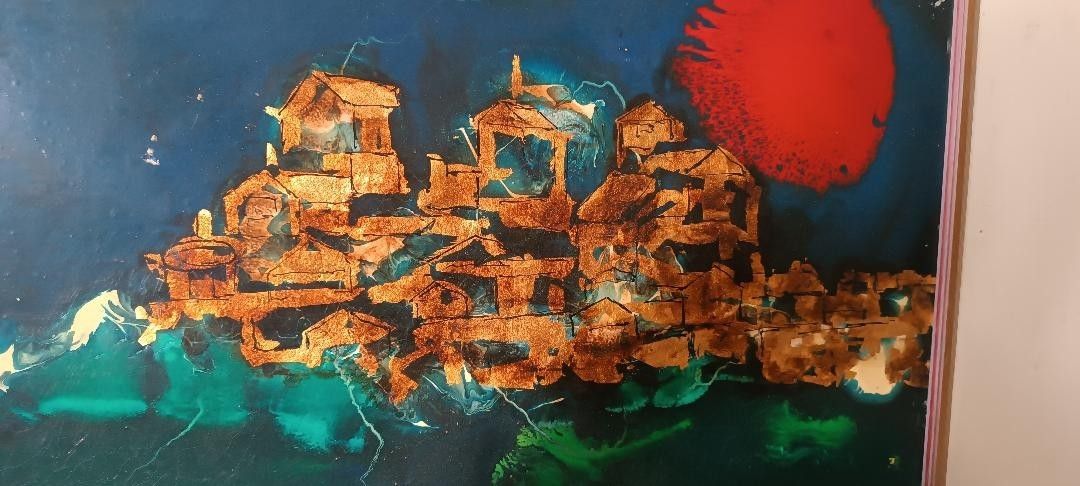 Abstract Painting Gold Leaf And Enamel Enzo Kocevar 70s photo buy