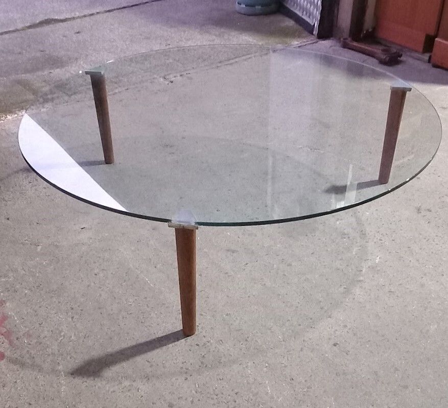 photo buy Glass Topped Minimalist Style Coffee Table With Teak Legs