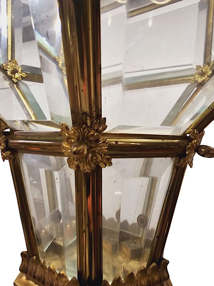 A Very Rare Early 20th Century Gilded Bronze Hall Lantern With Bevelled Glass photo vintage
