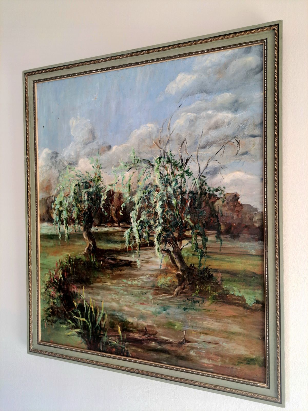 Vintage Oil Painting Of A River Landscape With Willow Trees photo for sale