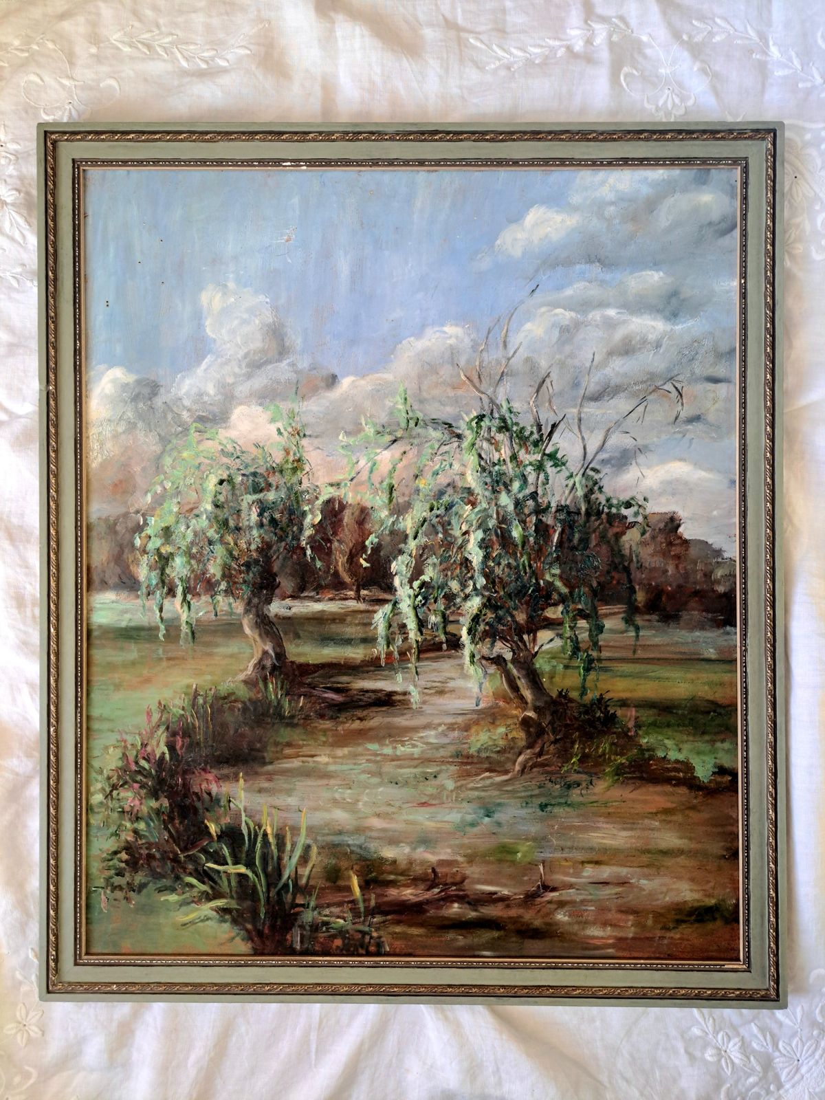 Vintage Oil Painting Of A River Landscape With Willow Trees photo buy