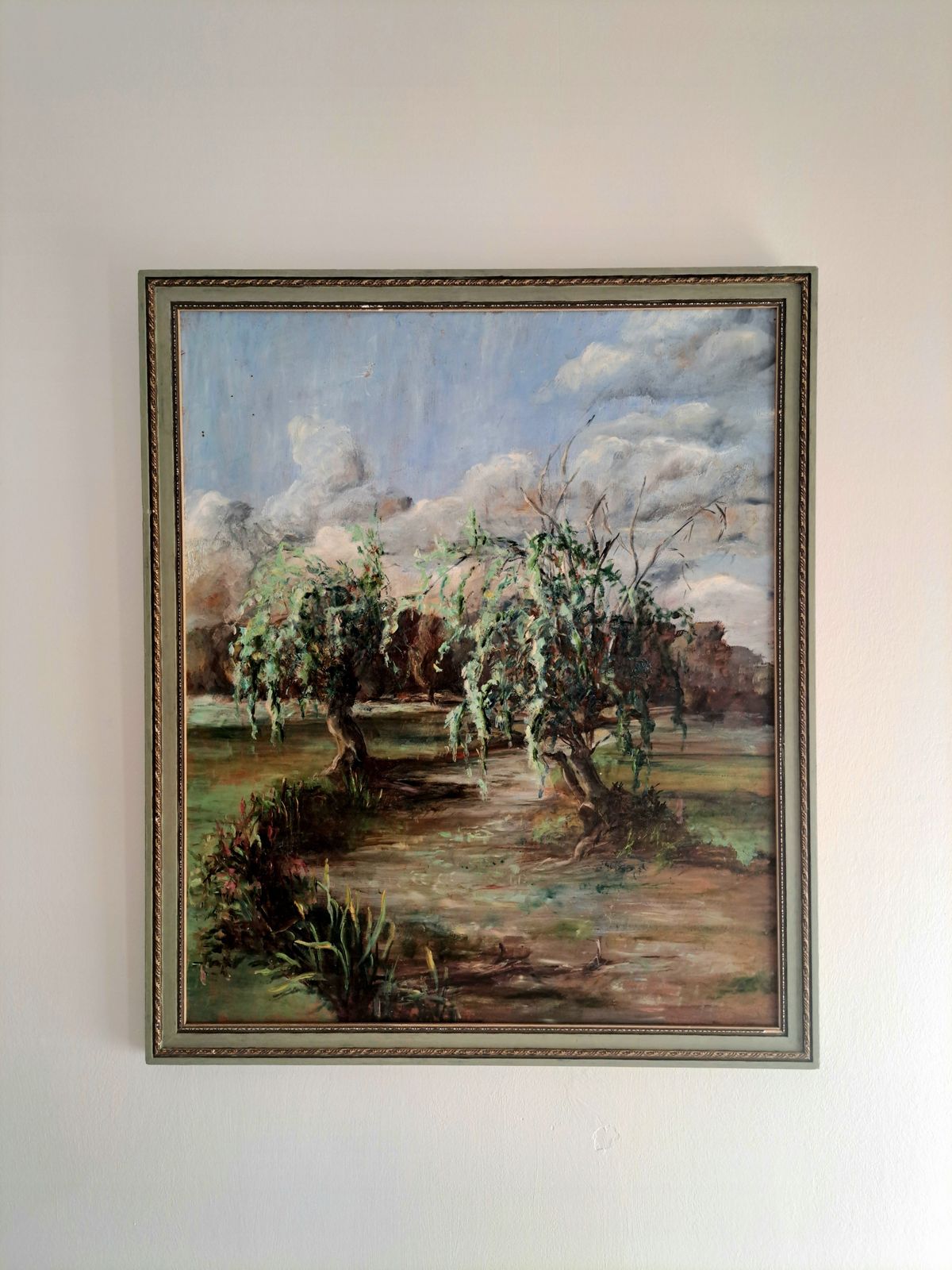 Vintage Oil Painting Of A River Landscape With Willow Trees photo furniture