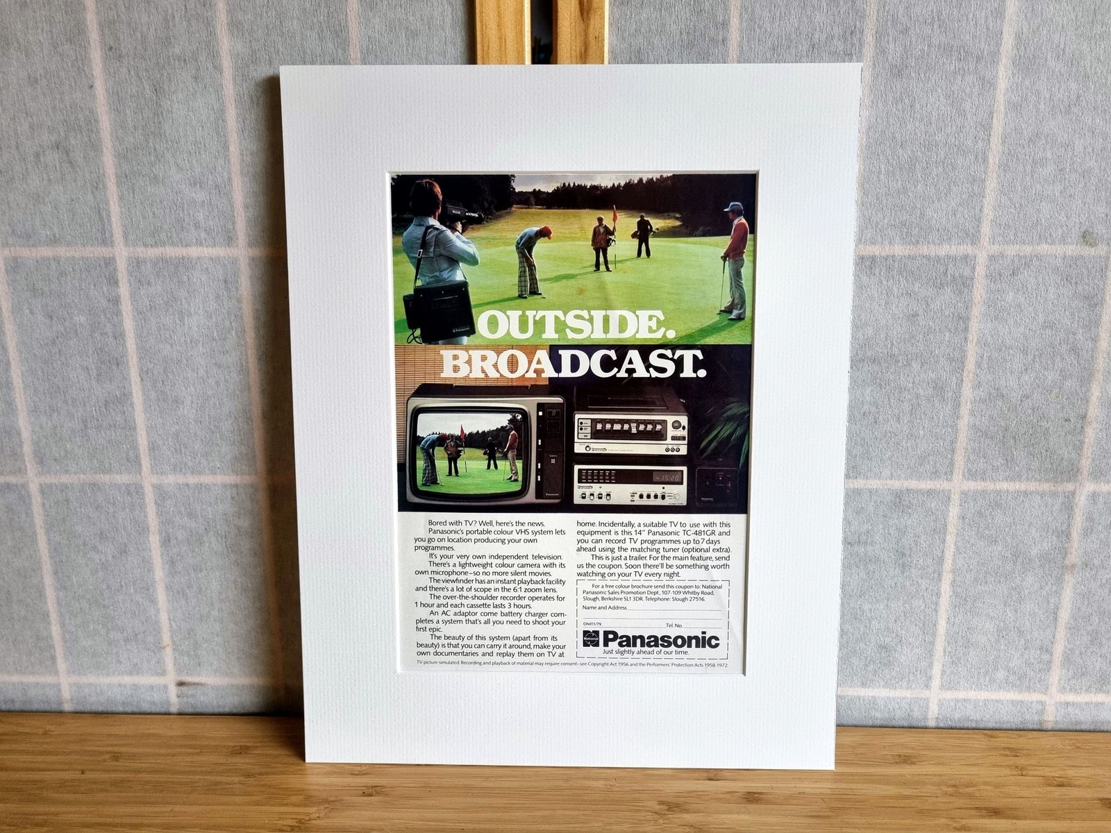 Vintage Electronics Advert Print, Panasonic Television Magazine Advertisement, 1970s Golf Broadcast Ad, Media Wall Decor, Mounted