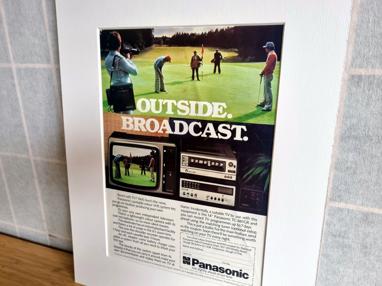 Vintage Electronics Advert Print, Panasonic Television Magazine Advertisement, 1970s Golf Broadcast Ad, Media Wall Decor, Mounted photo for sale