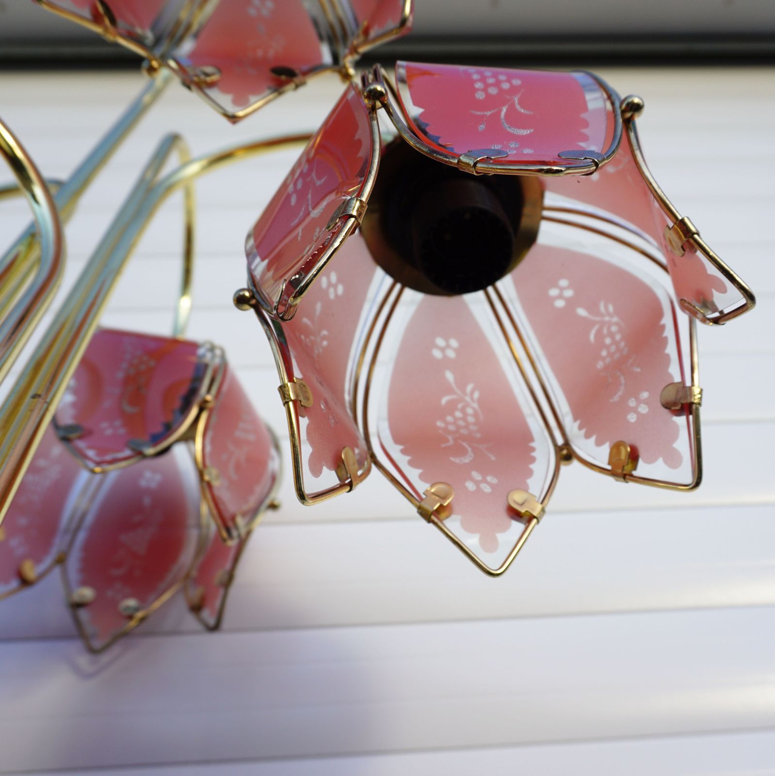 Hollywood Regency Moderne Lotus Lamp 1970s Pink & Gold Flower Floor Stand photo 675.0