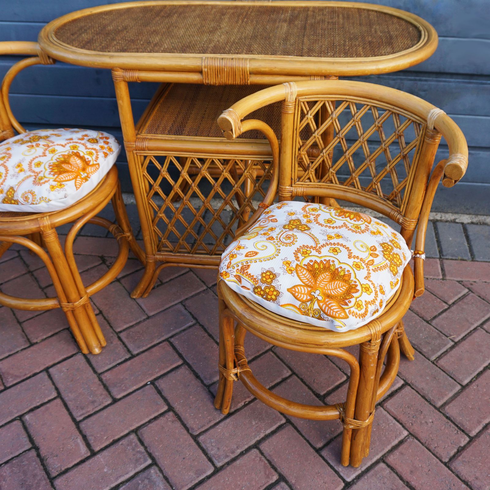 Mid Century Wicker & Cane Bamboo Compact Table & 2 Chair Bistro Set photo for sale