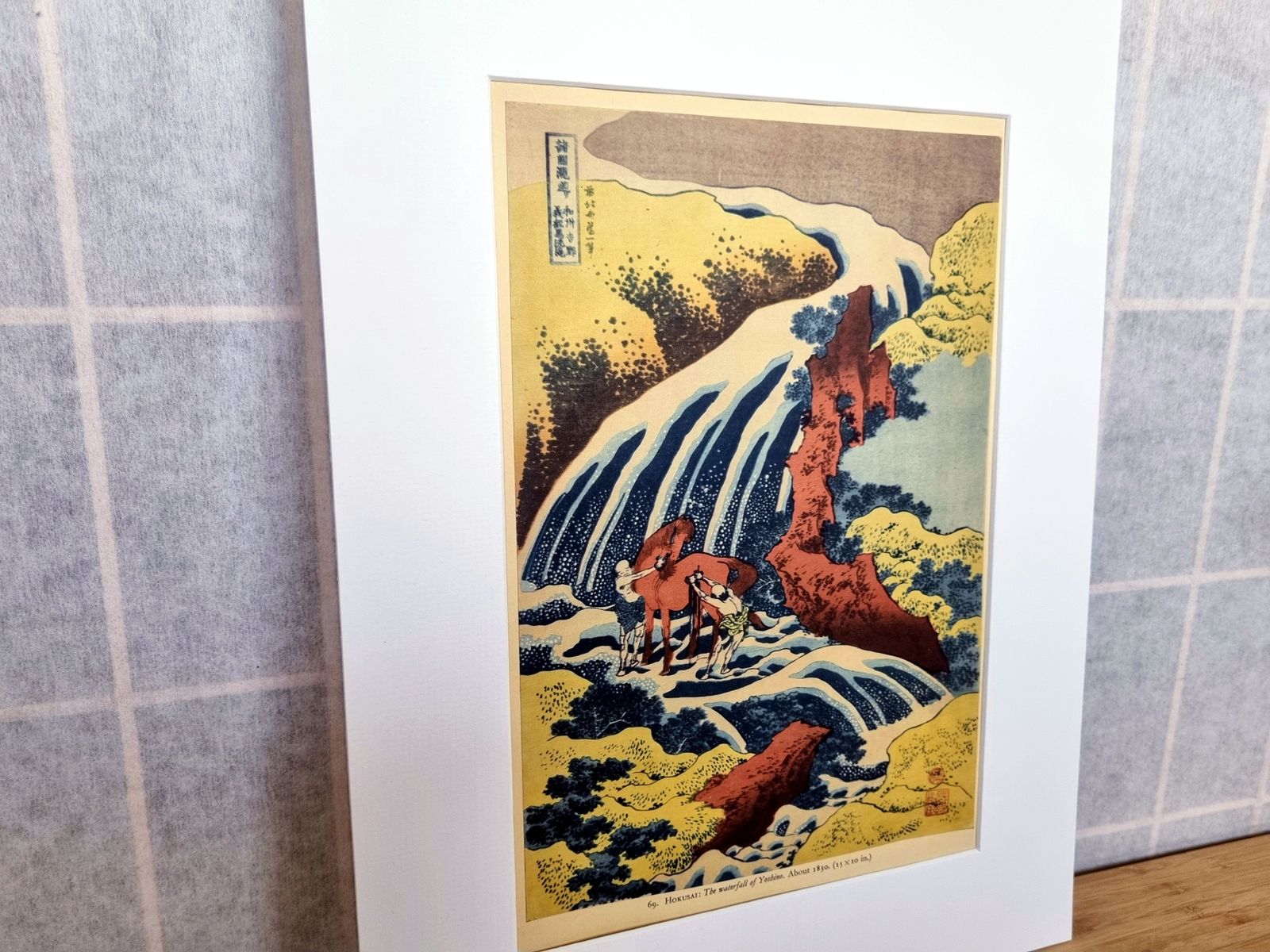 Vintage Japanese Art Print, Hokusai Waterfall Yoshino Scene, 1950s Colour Mounted, Japanese Woodblock Style Wall Art photo 95.0