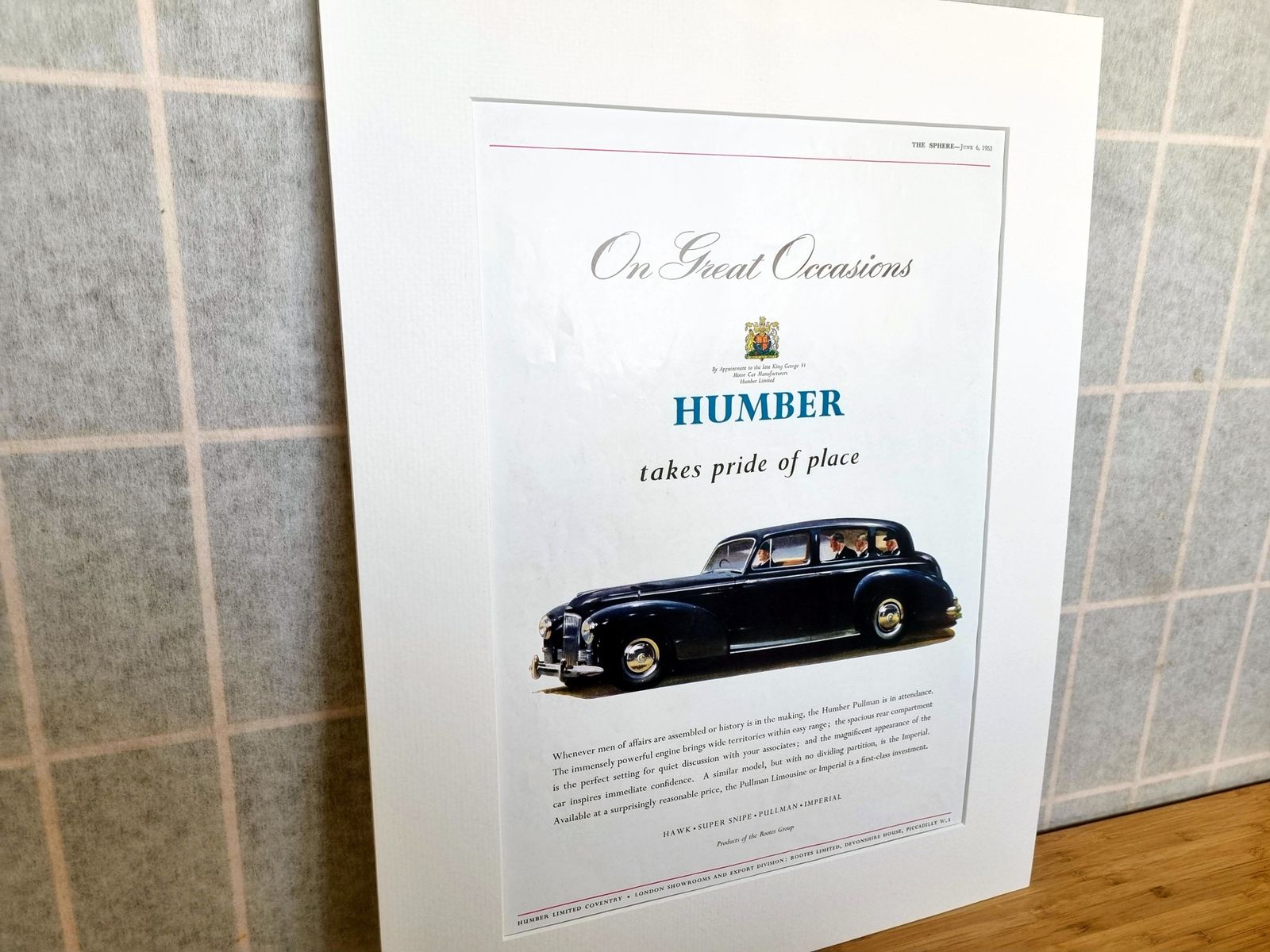 Vintage Car Advertisement, Humber Pullman 1950s Page, Luxury Motor Print, 14.5x10 Inch British Ephemera photo 135.0