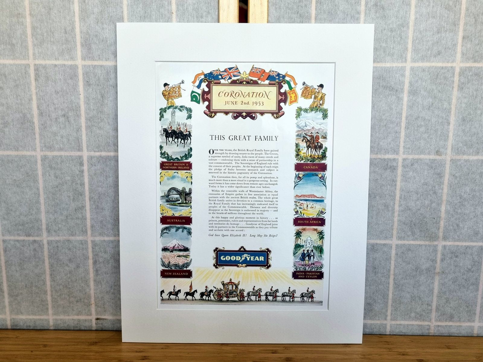 Vintage Coronation Advertisement, Goodyear 1953 Page, Commonwealth Illustration Art, 14.5x10 Inch British Ephemera
