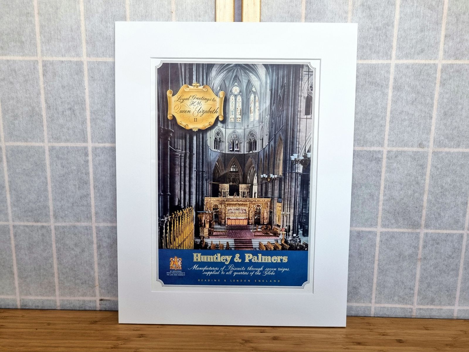 British Royal Advertisement Print, Huntley Palmers Coronation Interior Scene, 1950s Magazine Page, Queen Elizabeth Westminster Cathedral photo for sale