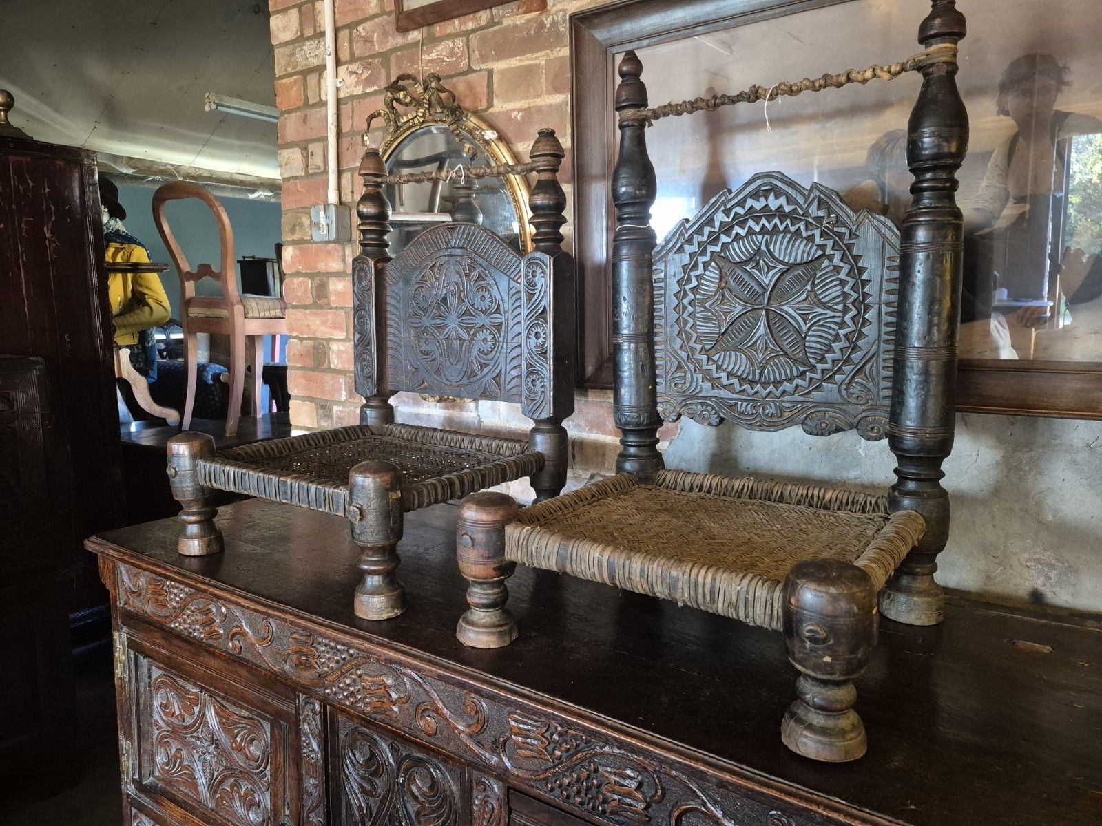 Magical Early 19th Century Matched Pair Of Nuristani Swat Valley Bedouin Cedar Ethnic Tribal Chairs photo furniture