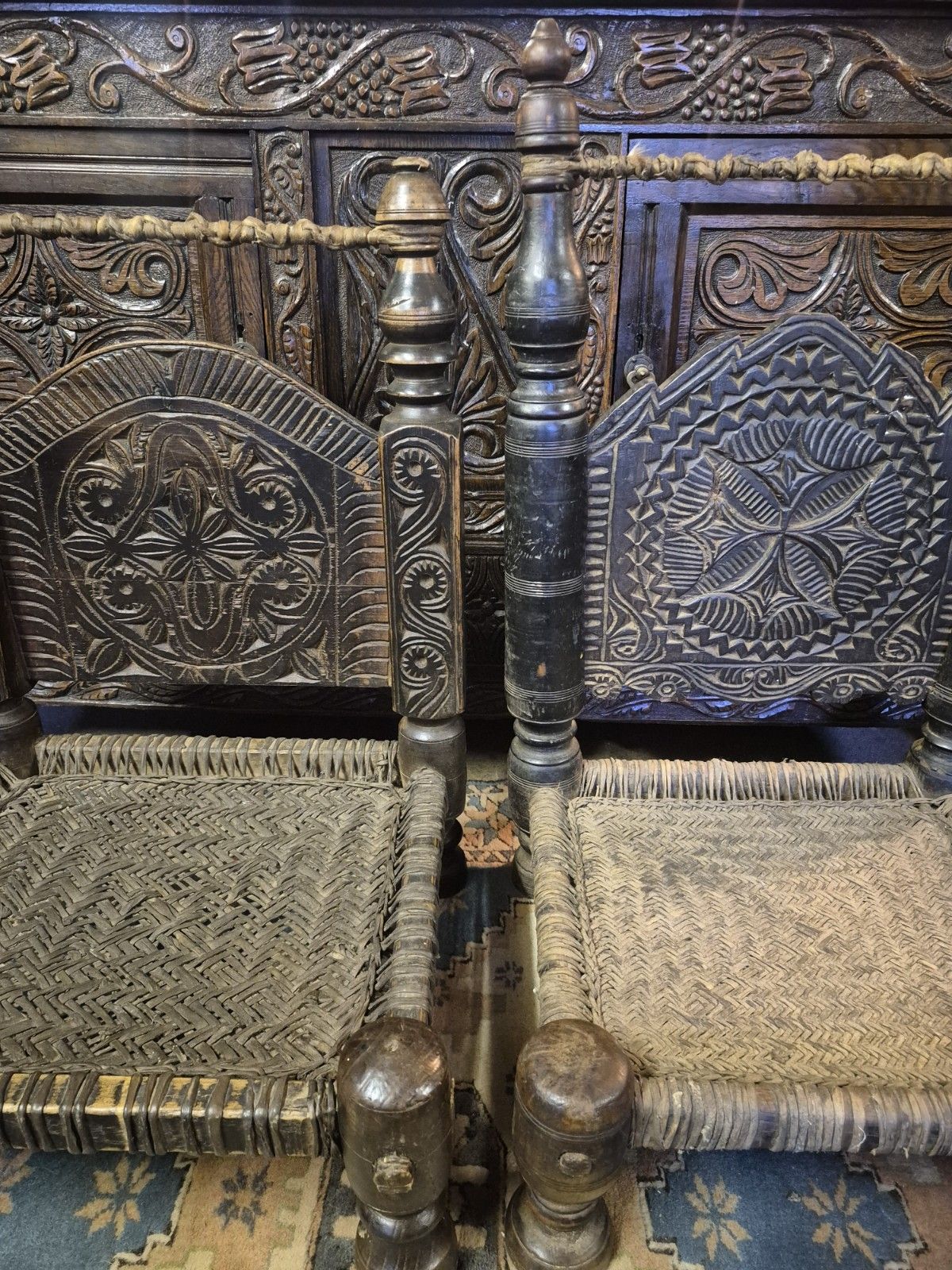Magical Early 19th Century Matched Pair Of Nuristani Swat Valley Bedouin Cedar Ethnic Tribal Chairs photo buy