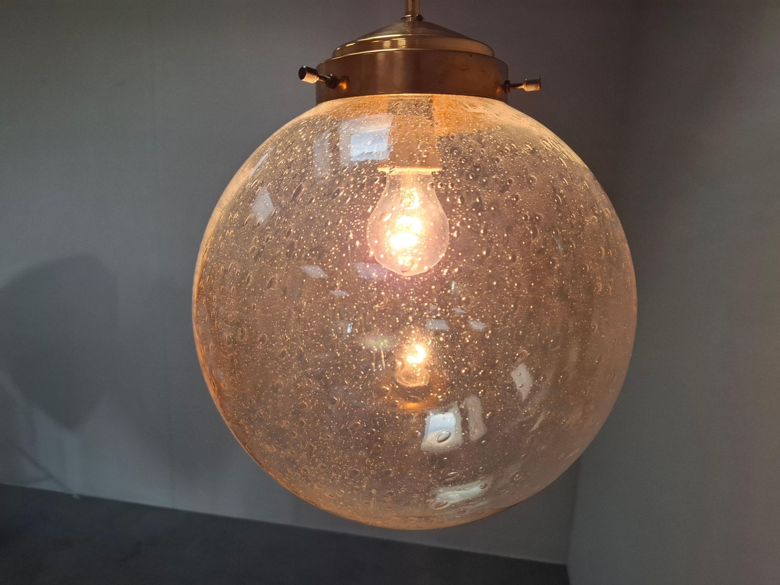 Midcentury Brass And Smoked Bubble Glass Pendant By Kamenický šenov, 1960s photo for sale