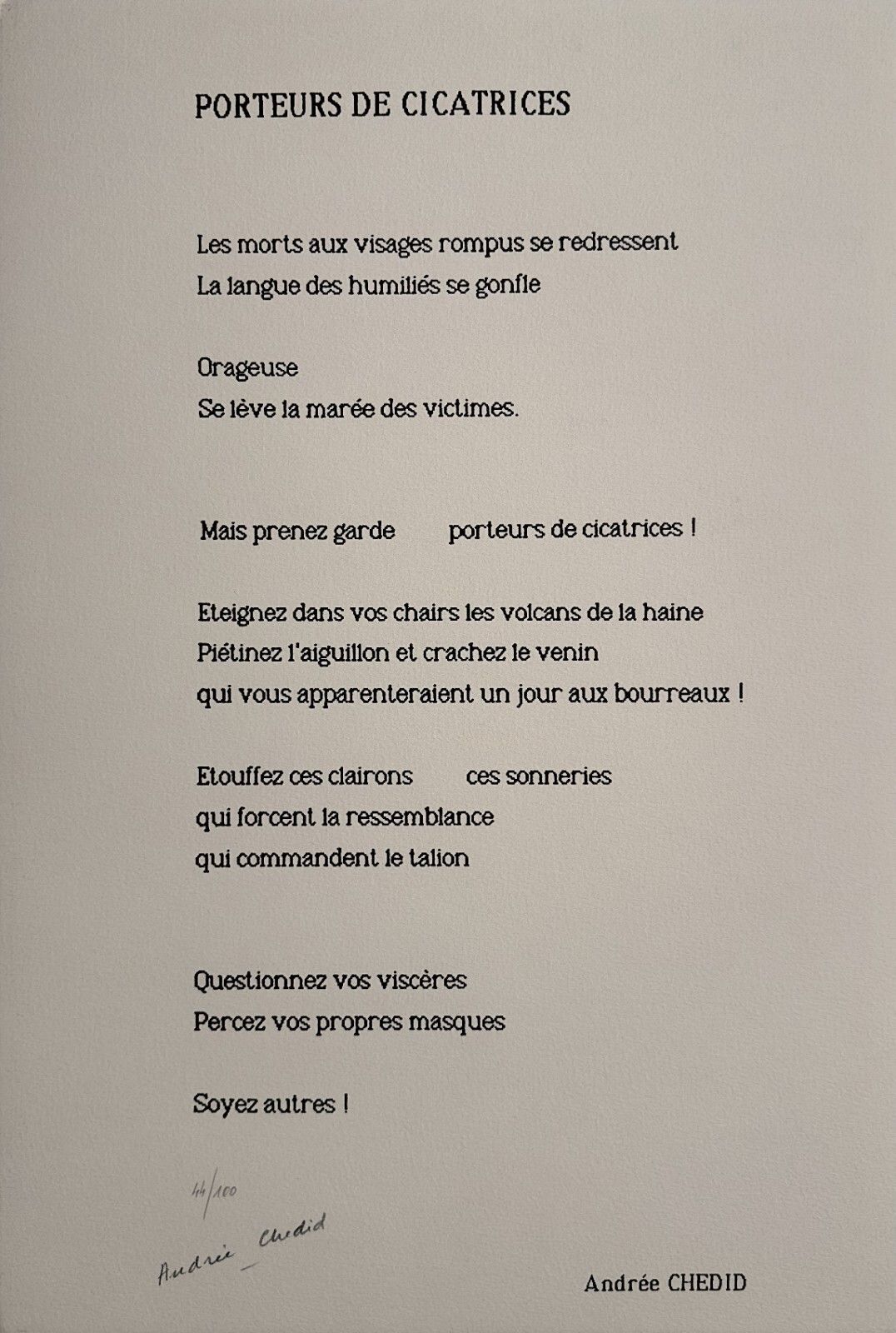 Andrée Chedid Screenprint Sérigraphie Signée Poésie Un Monde De Paix 1988
