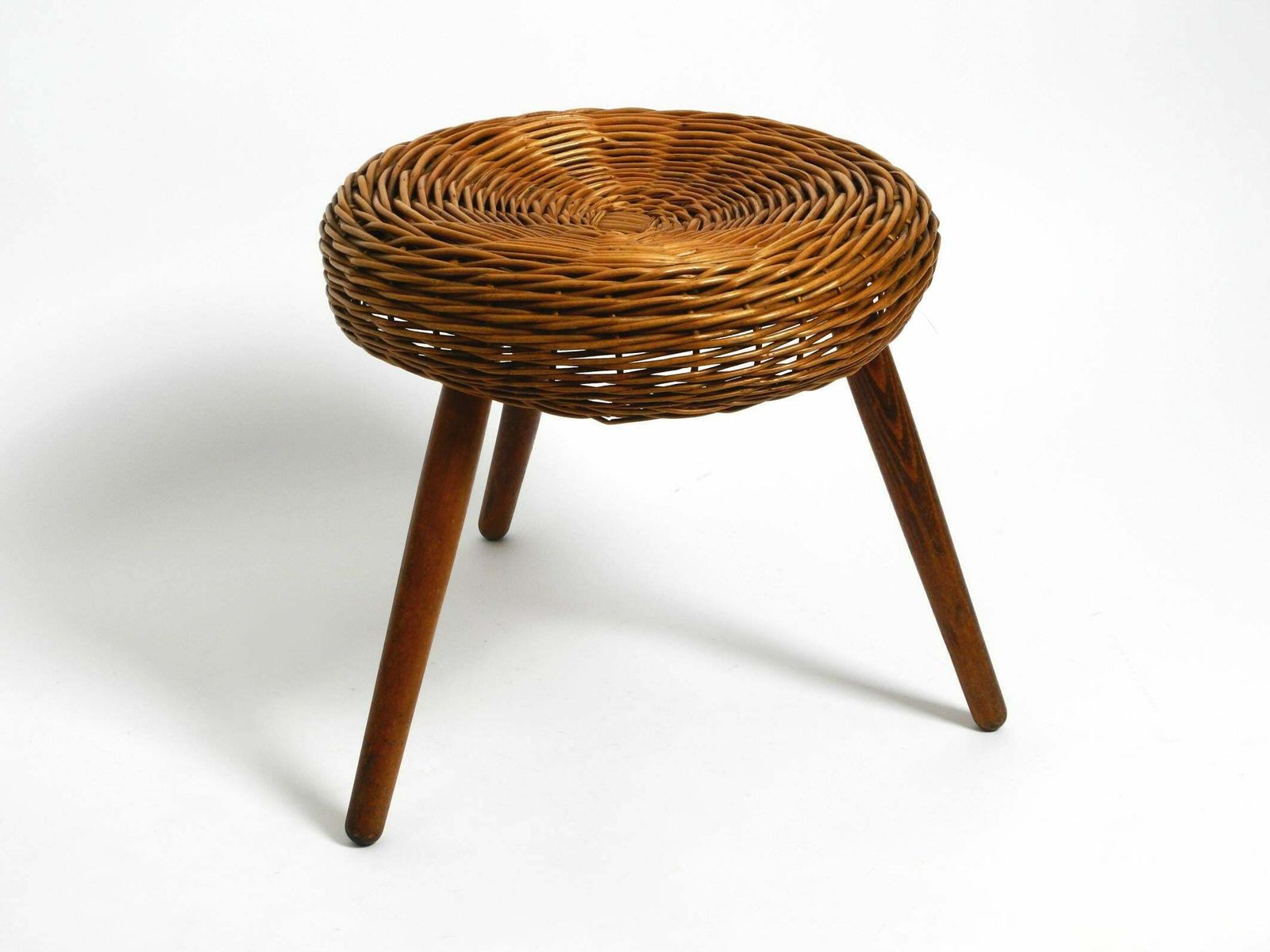 Original Large Mid Century Modern Rattan Stool With Wooden Legs By Tony Paul photo for sale