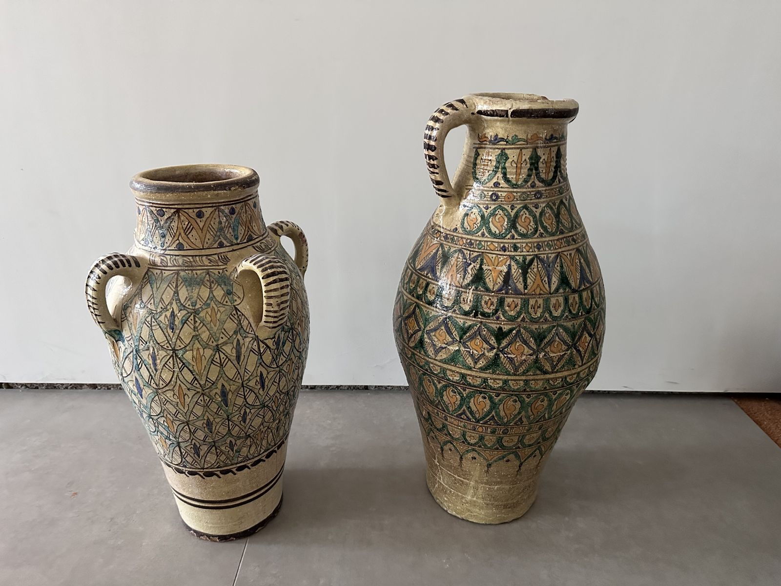 Matched Pair Of Large Moroccan Hand Painted Ceramic Floor Vases, Mid 20th Century