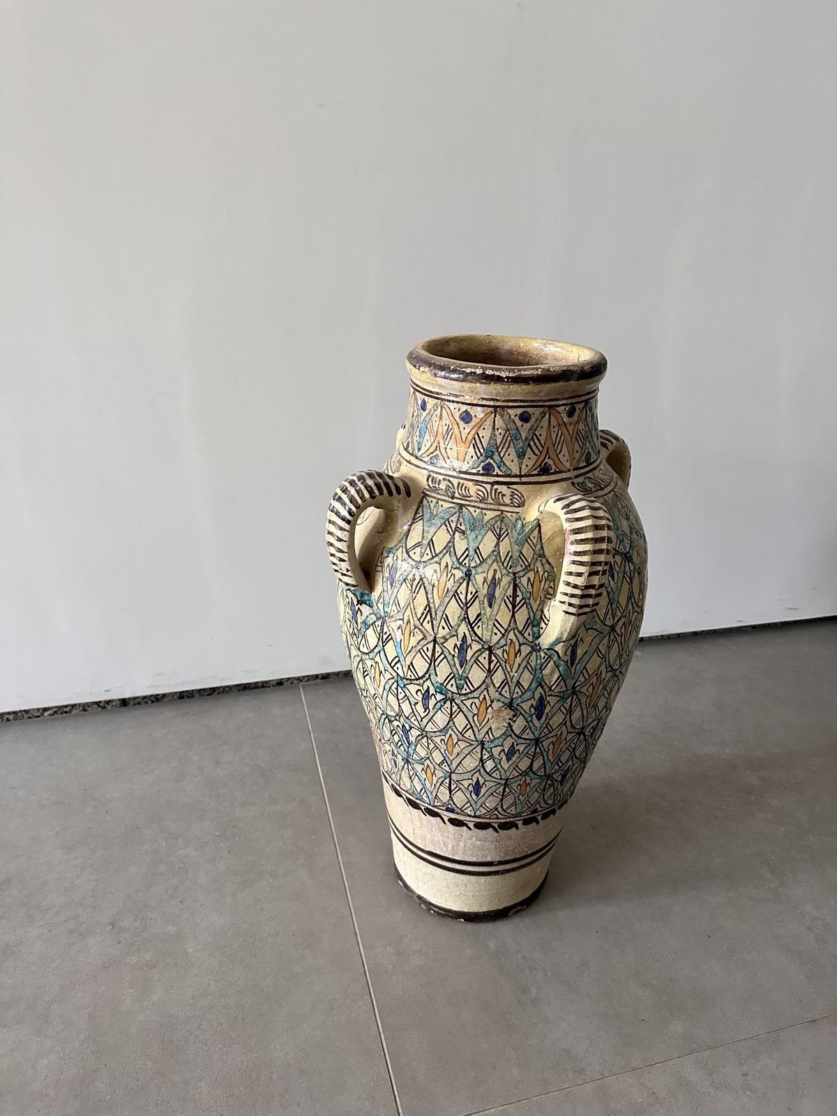 Matched Pair Of Large Moroccan Hand Painted Ceramic Floor Vases, Mid 20th Century photo for sale