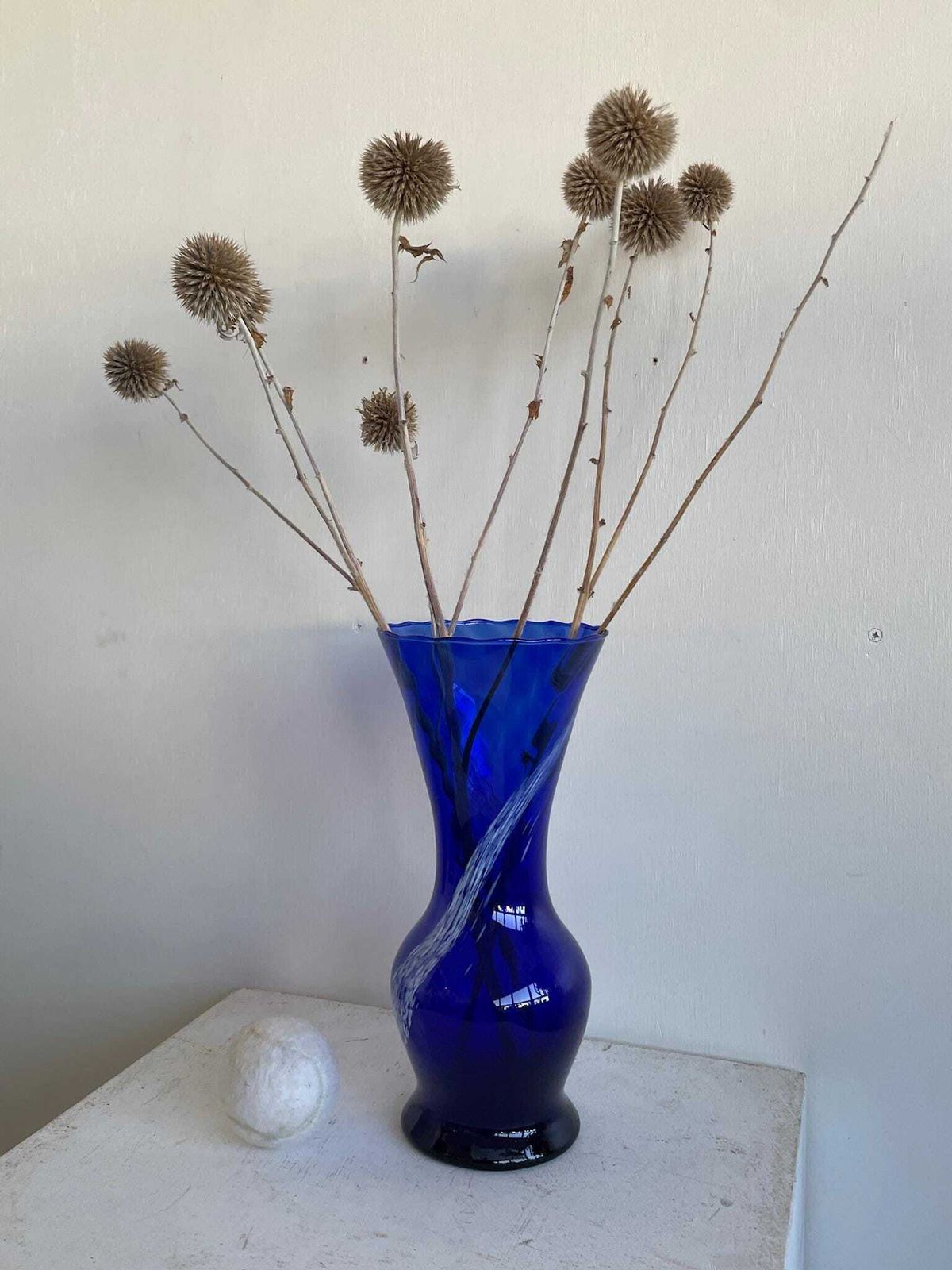 Large Scandi Cobalt Blue Glass Vase With Marbled Swirl Of White