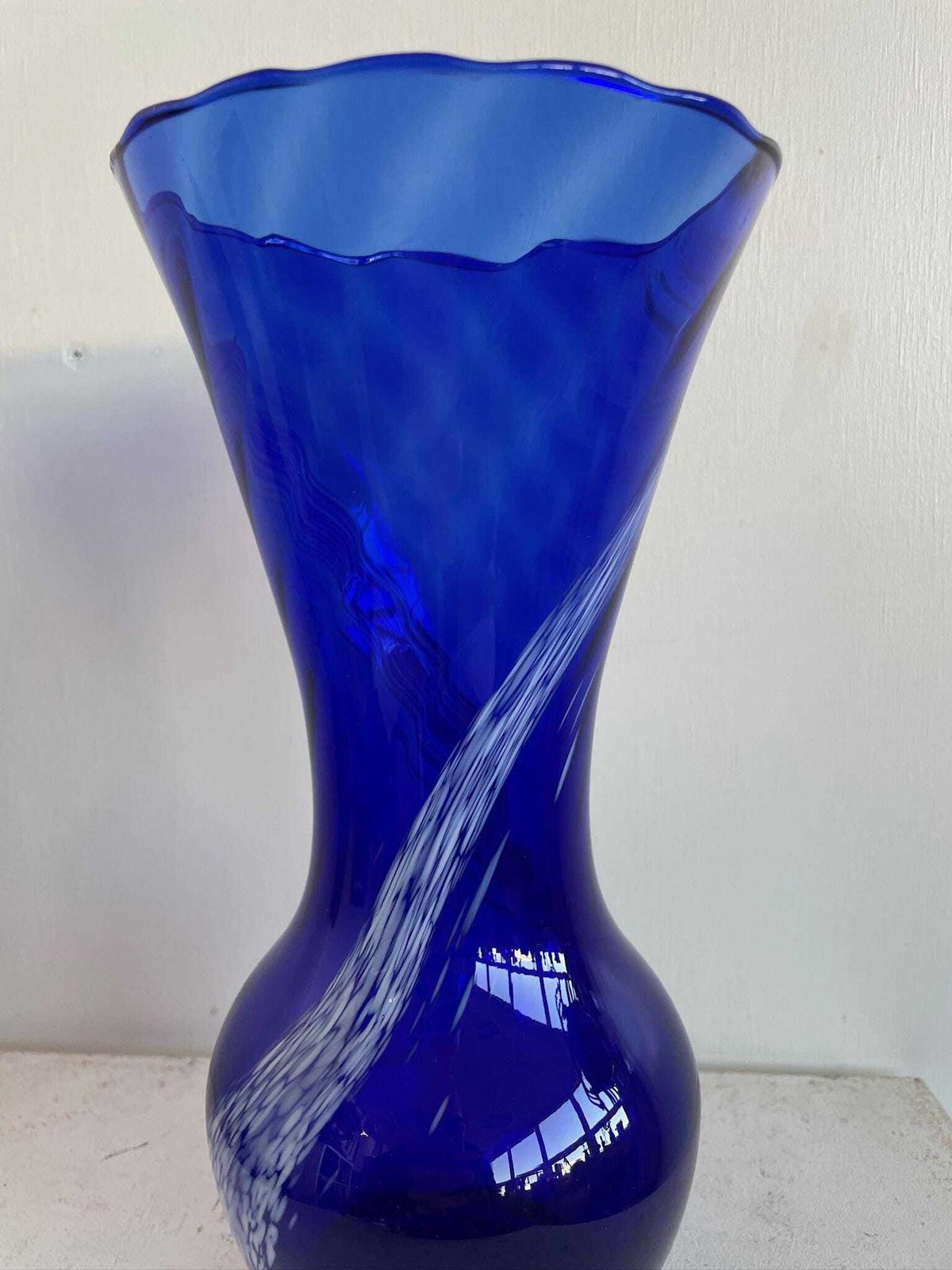 Large Scandi Cobalt Blue Glass Vase With Marbled Swirl Of White photo vinterior