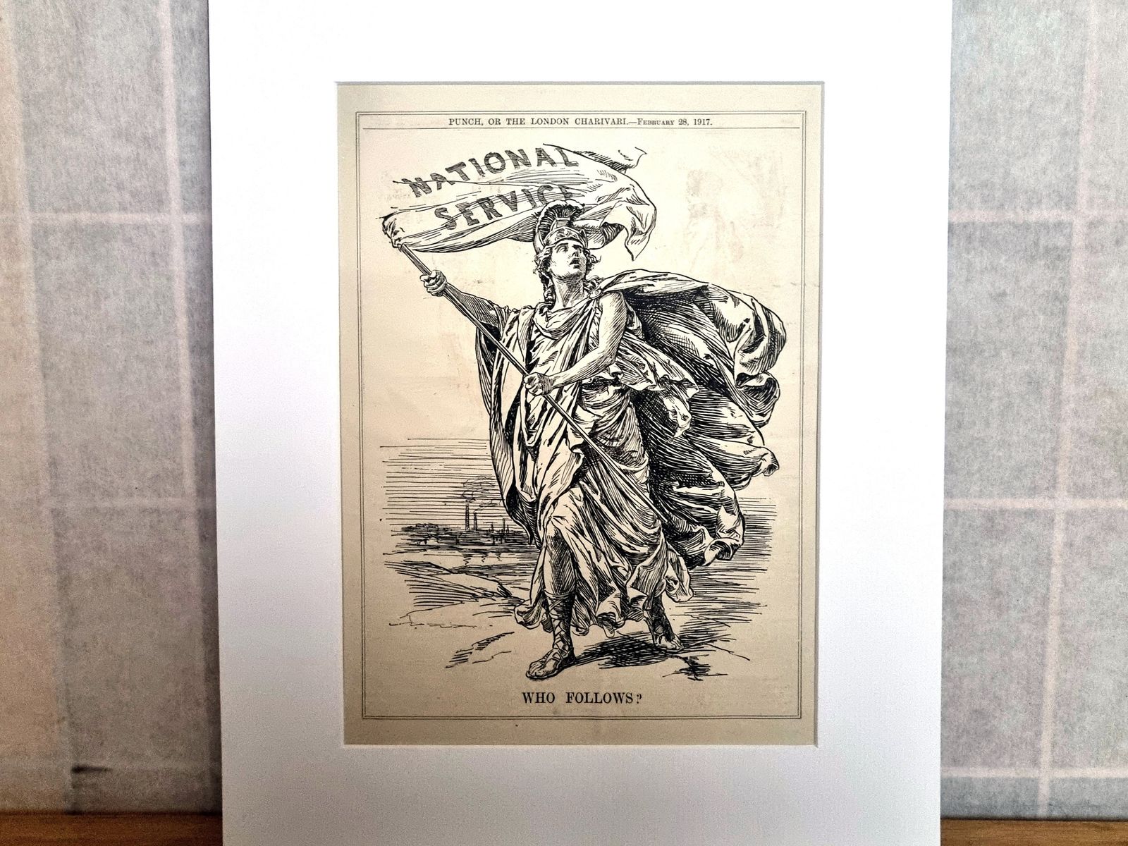 British Political Cartoon Print, Punch Magazine National Service Illustration, 1917 Satirical War Cartoon Mounted, Bernard Partridge Artist photo furniture
