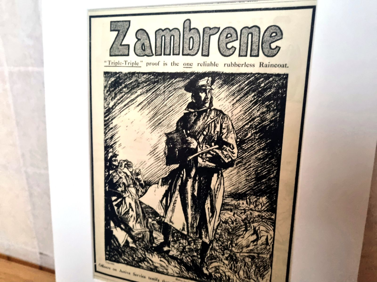British Military Advertisement Print, Zambrone Raincoat Illustration, First World War Era Magazine Page Mounted photo Art