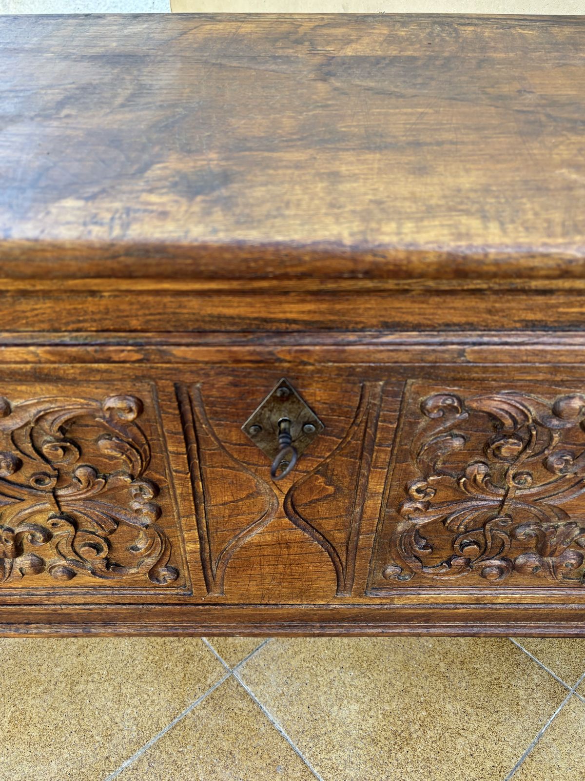 photo for sale Antique Hand Carved Wooden Chest With Decorative Panels