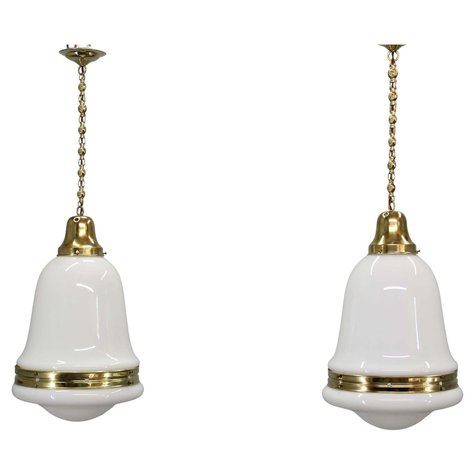 Pair Of 1930s Peter Behrens Luzette Pendants In Opaline Glass And Brass