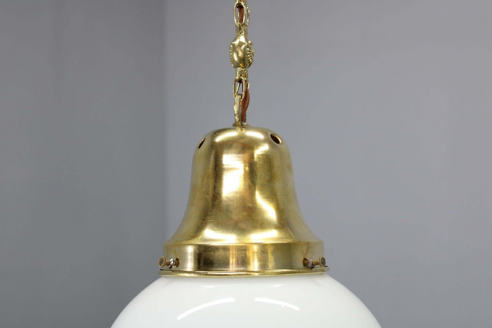 Pair Of 1930s Peter Behrens Luzette Pendants In Opaline Glass And Brass photo vintage