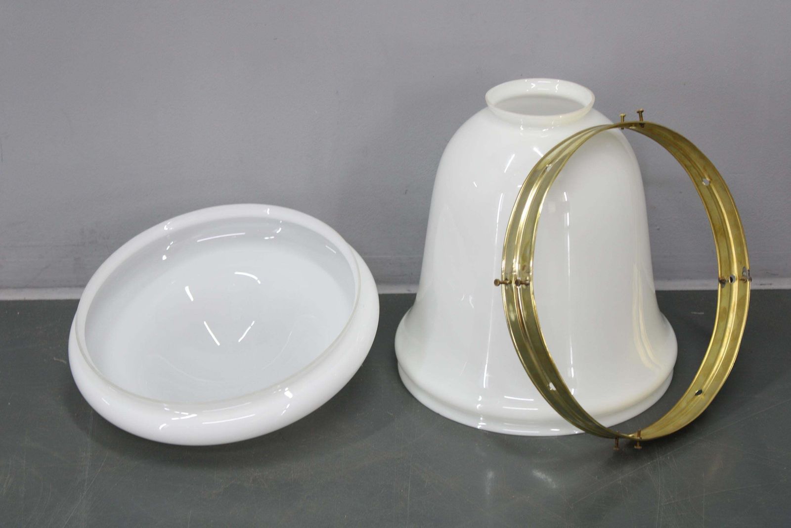 photo buy Pair Of 1930s Peter Behrens Luzette Pendants In Opaline Glass And Brass