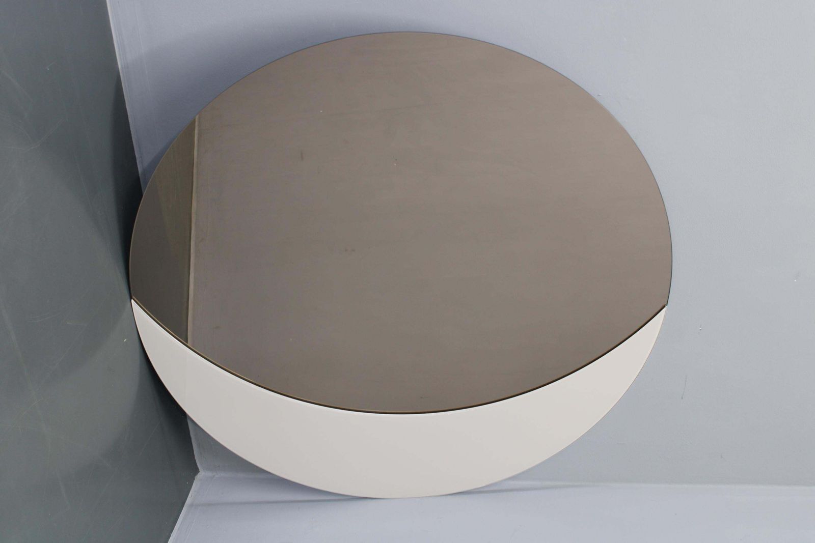 Large 1980s Italian Smoke Tinted Round Mirror With White Geometric Segment photo vintage