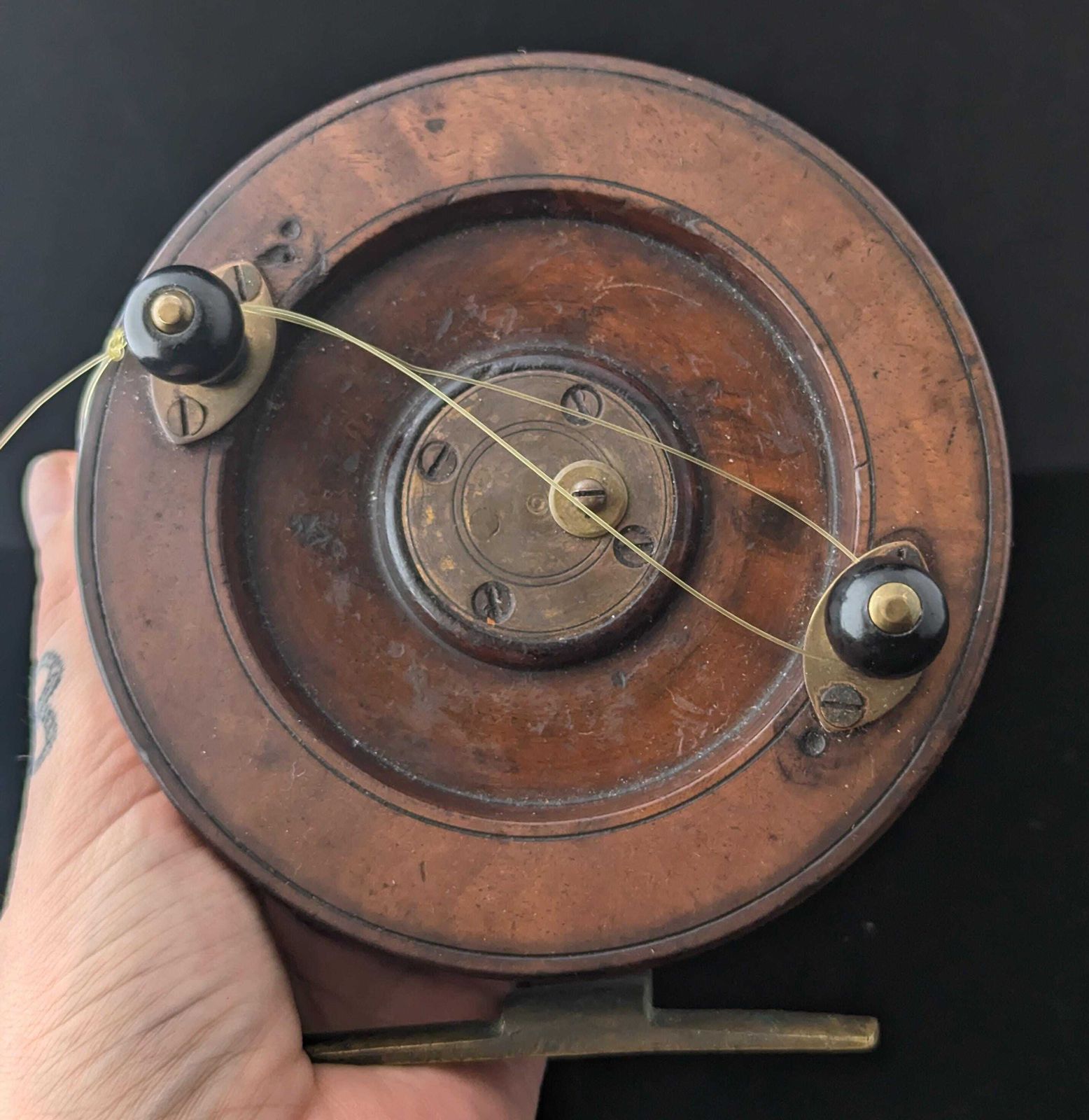 photo for sale Large Antique Nottingham Style Fishing Reel, Walnut And Brass