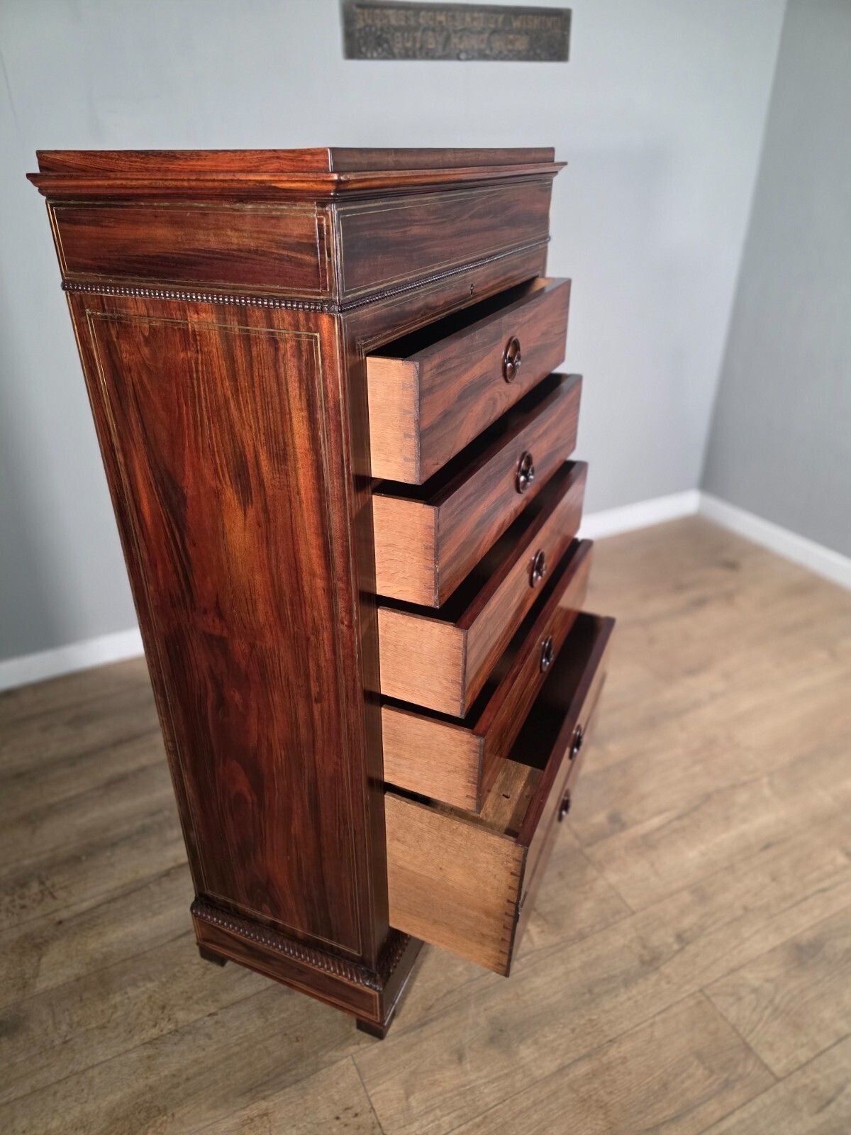 Antique French Rosewood Brass Inlaid 6 Drawer Chest 1880s photo vintage
